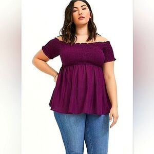 NWOT Torrid Peplum Gauze Smocked Off-Shoulder Top